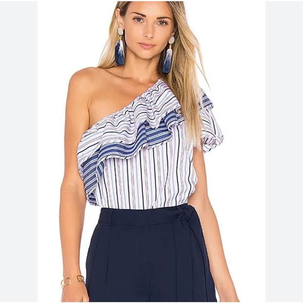 Parker White Blue Pink Striped Mary One Shoulder Ruffle blouse Sz XS NWT